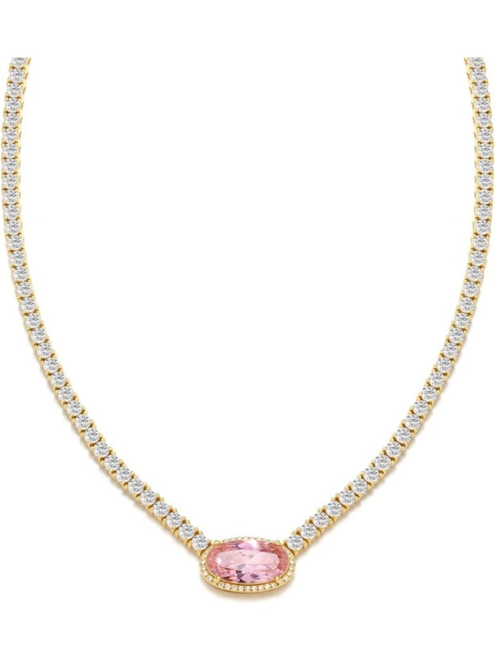 Dainty Oval Cut Pink Pendant Tennis Necklace, 18K Gold Plated, 16/18 inches